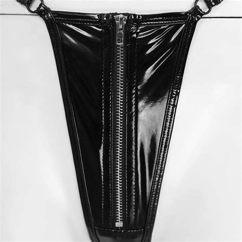 Faux Leather Open Thong Latex Crotchless Panties Faux Leather Panties
