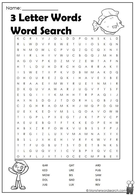 3 Letter Words 4 Word Search Monster Word Search 3 Letter Words