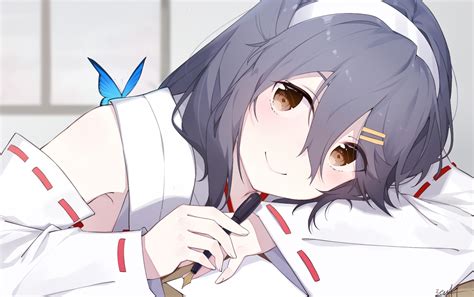 anthropomorphism black hair blush brown eyes butterfly close cropped haruna kancolle headband