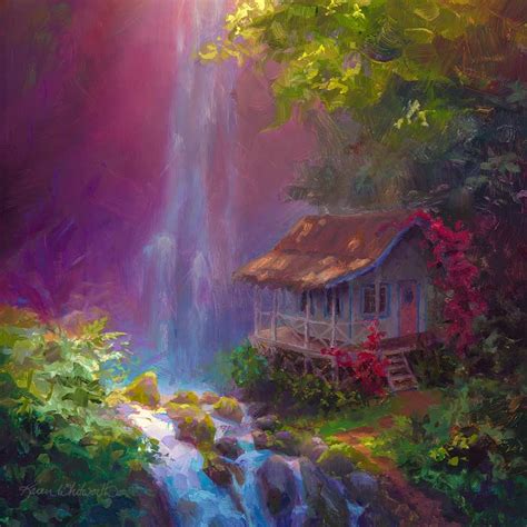 Landscape Painting On Canvas Of Hawaiian Waterfall By Tropical Artist