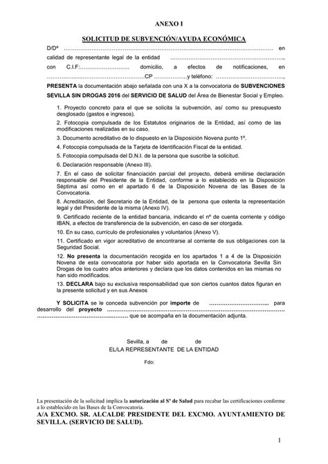 1 Anexo I Solicitud De SubvenciÓnayuda EconÓmica A