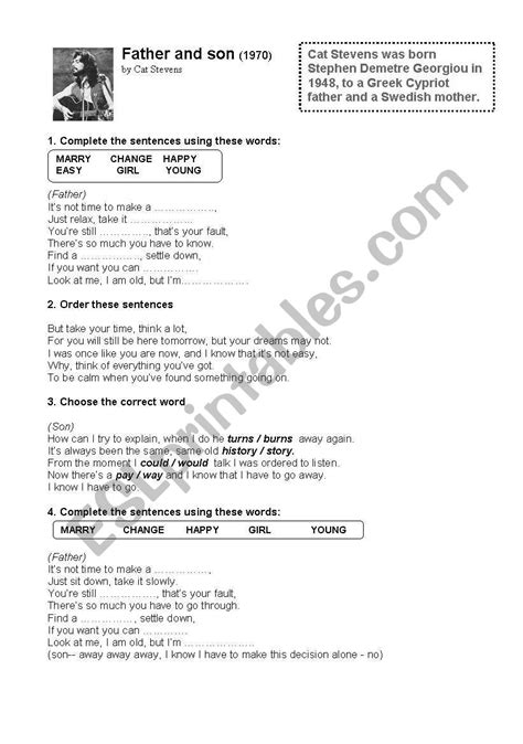Father And Son Song Worksheet Esl Worksheet By Pink4 Virginia