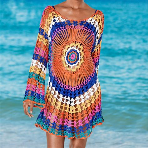 Hand Made Crochet Cover Up Colorful Tunic For Beach Sexy Bikini Cover Up Sarong Beachwear Pareo