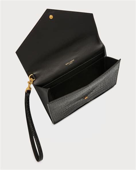 Saint Laurent Envelope Flap Ysl Clutch Bag In Croc Embossed Leather