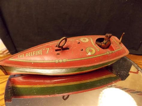 Lindstrom Usa 1930 1940sthe Delfine 7 Tin Litho Wind Up Boat With