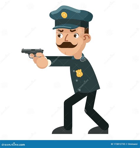 Gun Weapon Attack Shoot Policeman Character Cartoon Flat Design