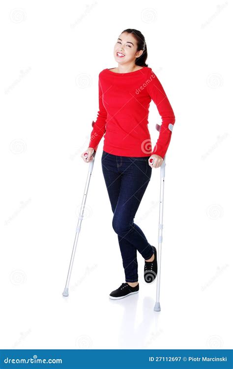 Woman Walking With Crutches Stock Image Image Of Isolated Healthcare