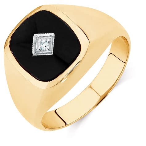 Mens Diamond Set Ring With Black Onyx In 10ct Yellow Gold