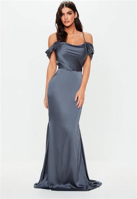 Bridesmaid Grey Satin Cowl Cold Shoulder Maxi Dress Missguided