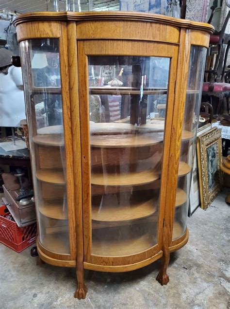 Vintage Solid Oak Curved Front Display Case 5 Shelves Long Valley