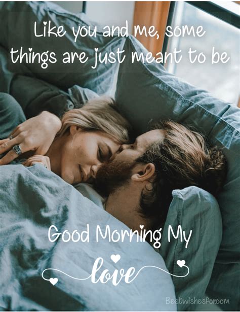 A Man And Woman Laying In Bed With The Words Good Morning My Love