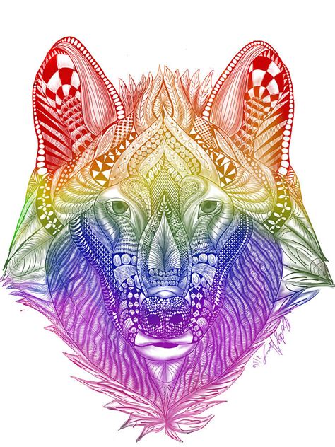 Zentangle Inspired Art Rainbow Wolf Painting By Becky Herrera Fine