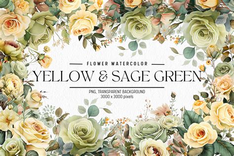 Yellow And Sage Green Flowers Watercolor Afbeelding Door Folv · Creative