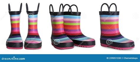 Set With Color Rubber Boots On White Background Banner Design Stock