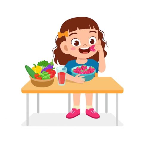 Feliz Niña Niño Lindo Comer Alimentos Saludables Vector Premium