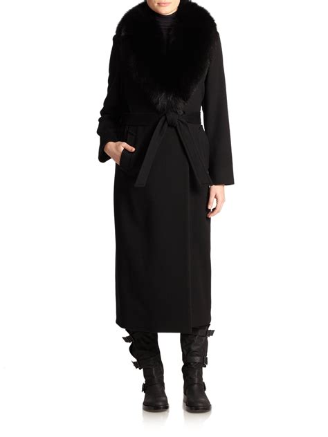 Sofia Cashmere Fox Fur Collar Woolcashmere Wrap Coat In Black Lyst