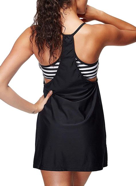Zando Womens Slimming Swimwear Stripe Skirt Swimsuits Black Size 10