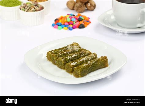 Pistachio Rolls Baklava Fistik Sarma Turkish Traditional Dessert Stock