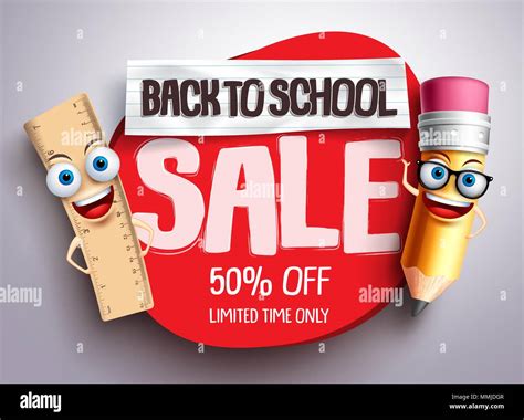 Back To School Sale Vector Banner With Funny School Characters And Red