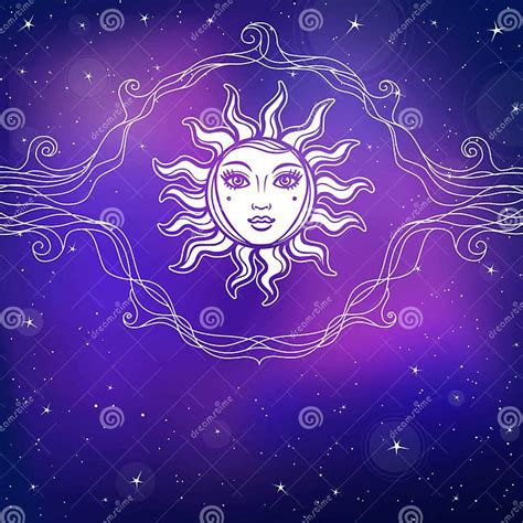 Mystical Drawing The Sun With A Human Face Openwork Vignette Stock
