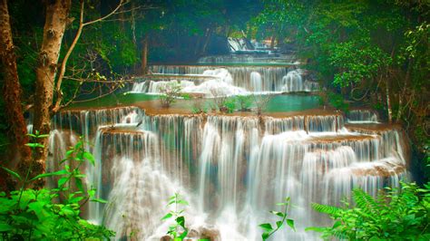 Tropics Cascade Waterfalls Green Trees Huay Maekamin Waterfall