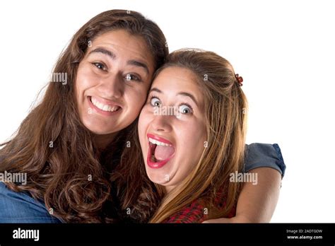 Two Happy Friends Together Isolated In White Stock Photo Alamy