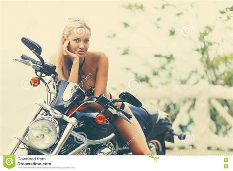 Fashion Model Biker Girl On A Motorcycle Old Retro