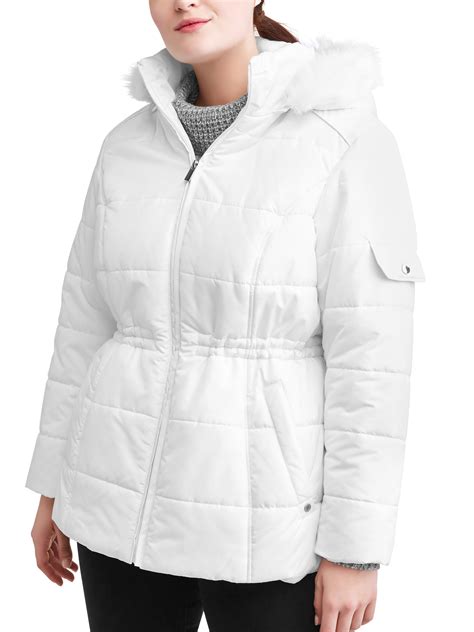 Weather Tamer Womens Plus Size Quilted Puffer Jacket W Faux Fur Trim Hood