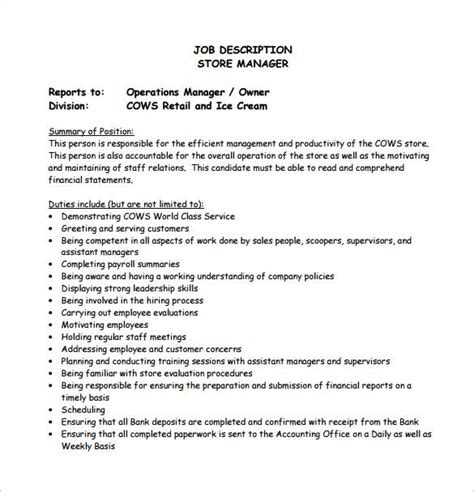 Looking for the perfect operations manager job description proven? 11+ Store Manager Job Description Templates - Free Sample ...