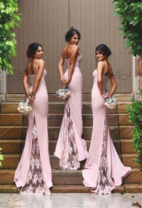 2016 Pink Mermaid Bridesmaid Dresses With Spaghetti Straps Lace Train