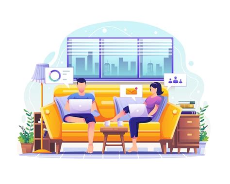 Premium Vector Work At Home Concept Design Man And Woman Working On