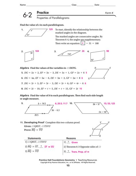 Properties Of Parallelogram Worksheet