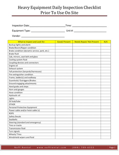 Printable Heavy Equipment Daily Inspection Checklist Template Prior To