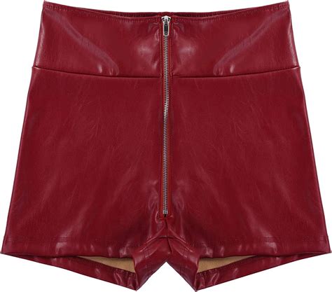 iiniim womens front zipper high waist hot pants faux leather booty shorts clubwear burgundy