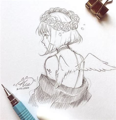 A Pencil Drawing Of A Girl With Angel Wings On Her Head Sitting Next