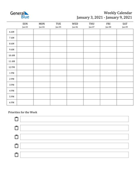 Weekly Calendar January 3 2021 To January 9 2021 Pdf Word Excel