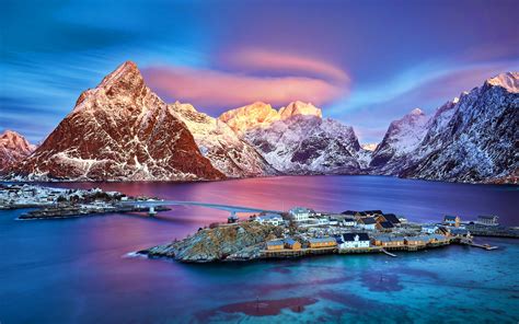 Download Wallpapers Norway Winter Mountains Sea Europe Sunset