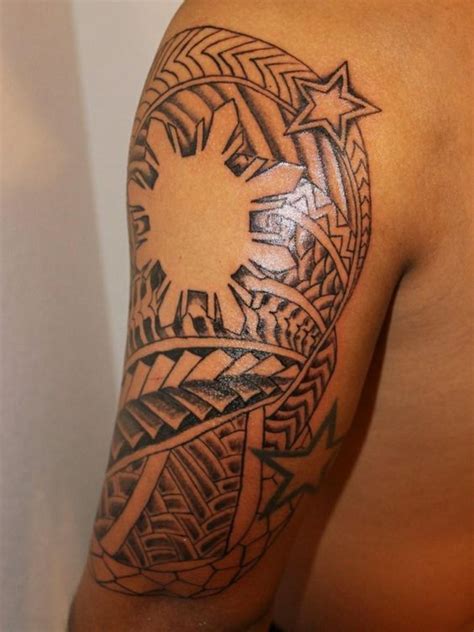 For a luxuriously compact celebration of life, a lot of male tattoo experts are pursuing the exhilarating adventurousness of tribal sun ink. Filipino tribal sun tattoo design on full sleeve of a man ...