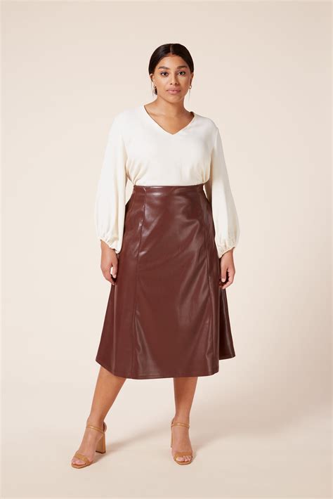 Italian Vegan Leather Plus Size A Line Midi Skirt With Concealed Side