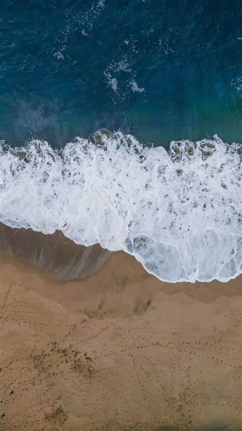 Download Wallpaper 1350x2400 Sea Beach Aerial View Wave Water Sand