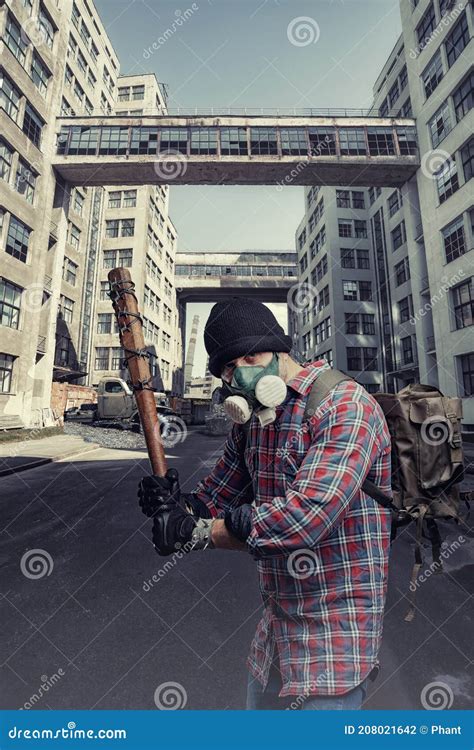 Cyber Punk Postapocalyptic World Man In Gas Mask Among Ruins Of City