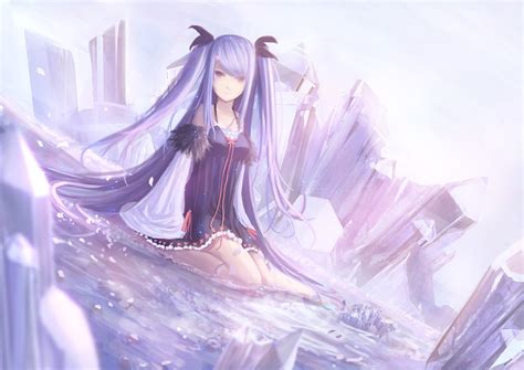 Water Dress Cleavage Long Hair Barefoot Purple Hair Crystals Twintails