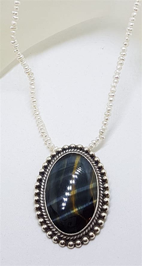 Sterling Silver Large Oval Blue Tiger Eye Pendant On Pearl Chain Necklace