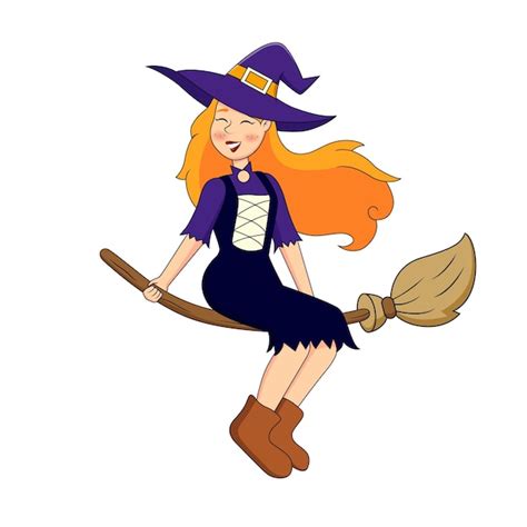 Premium Vector Cartoon Beautiful Witch Flying On Magic Broom Vector Illustration