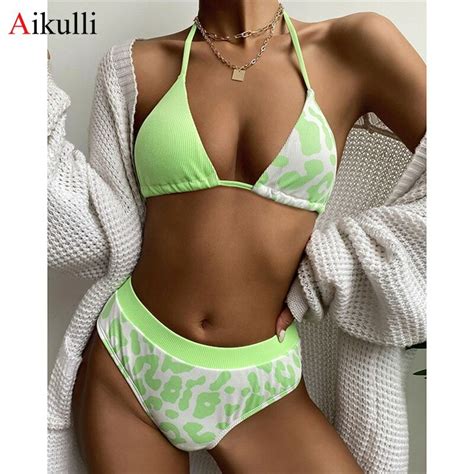 2021 High Waist Bikinis Swimsuits Women Sexy Leopard Splicing String