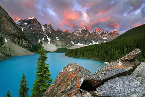 Colorful Sunrise At Moraine Lake In Banff National Park Photograph By