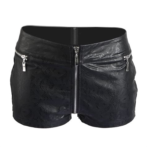 Womens Summer Booty Shorts Faux Leather Black Floral Low Waist Wet Look Shorts Zipper Sexy