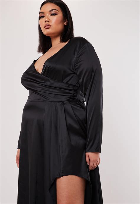 Plus Size Black Satin Wrap Over Maxi Dress Missguided Ireland
