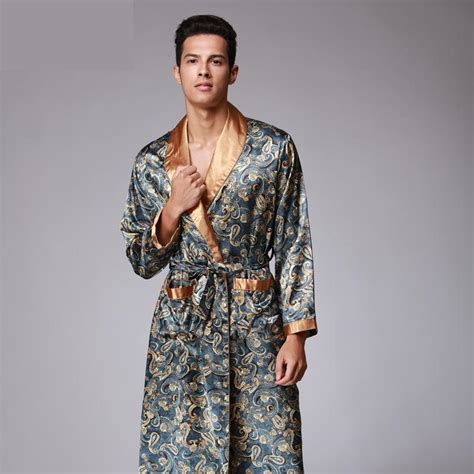 mens summer paisley print silk robes male senior satin sleepwear satin pajamas long kimono