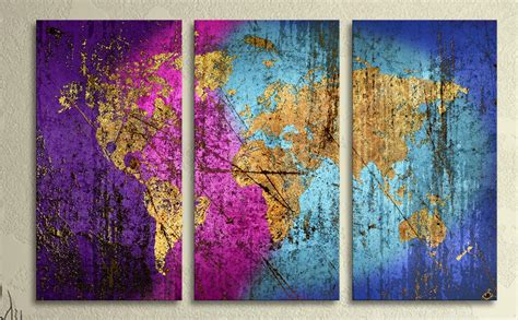 Abstract Wave Wall Art World Map Canvas Print 3 Panel Split Triptych